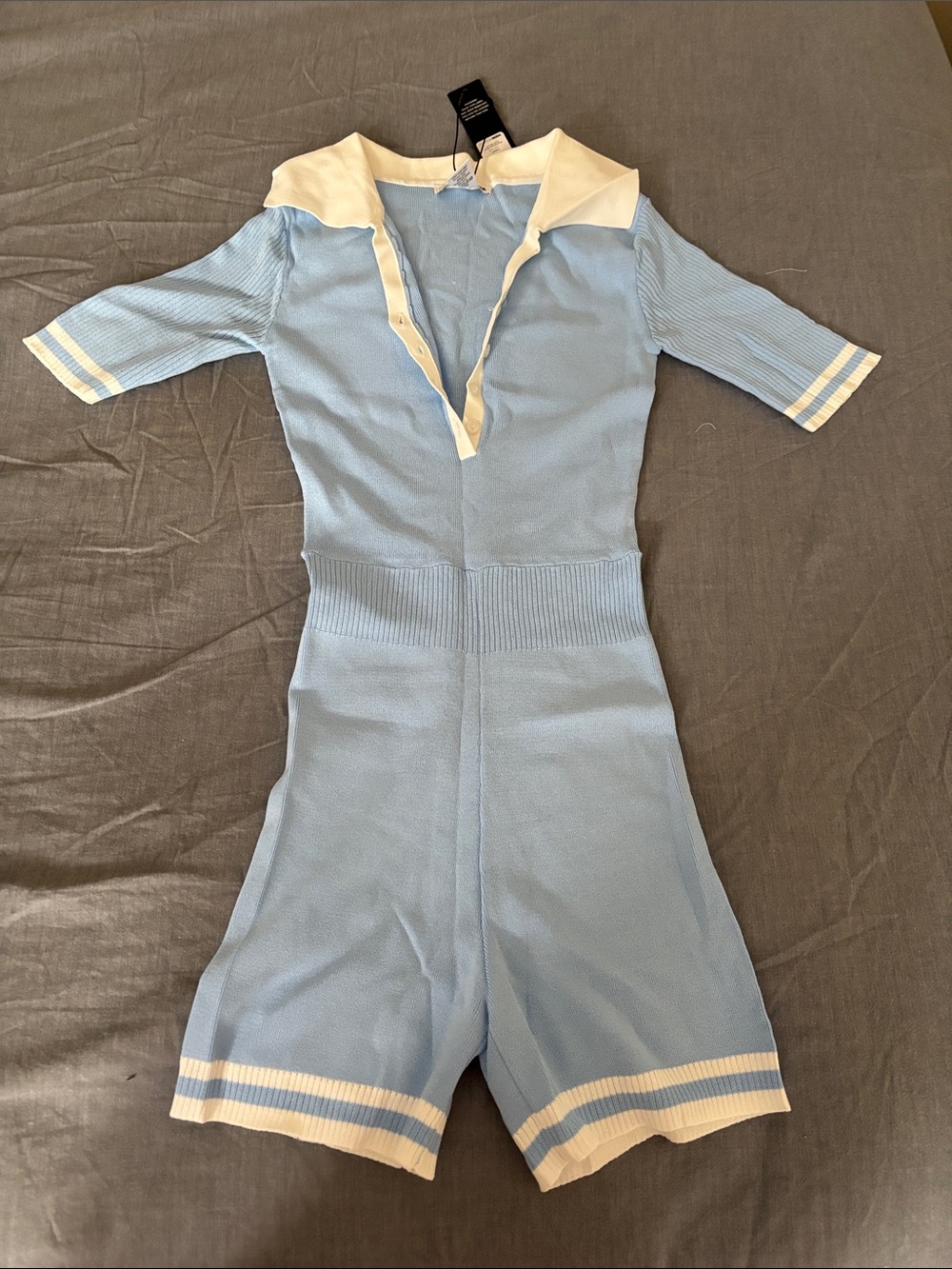 Fashion Nova Light Blue Knit One-Piece Romper with White Trim